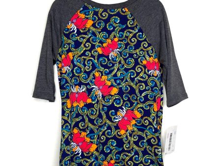 LuLaRoe Kids Unisex 4 Gray Blue Multicolor Sloan Floral Raglan T-Shirt 3 4 Sleeves NWT For Sale