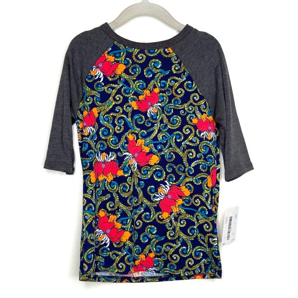 LuLaRoe Kids Unisex 4 Gray Blue Multicolor Sloan Floral Raglan T-Shirt 3 4 Sleeves NWT For Sale